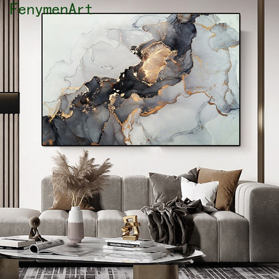 Grey Golden Fluid Art Canvas Painting
